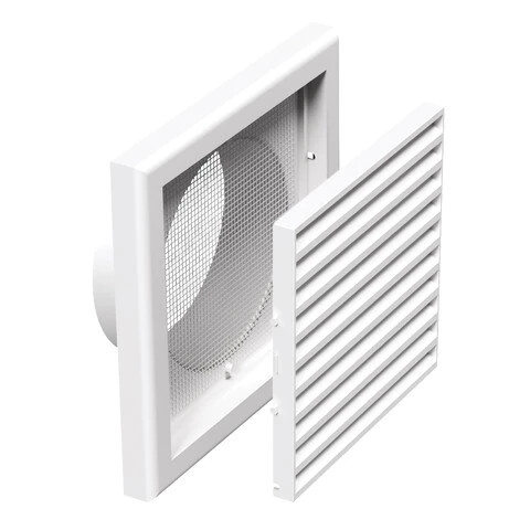 Műanyag rács 186x186mm/DN125 rovarhálóval és csőcsonkkal fehér
